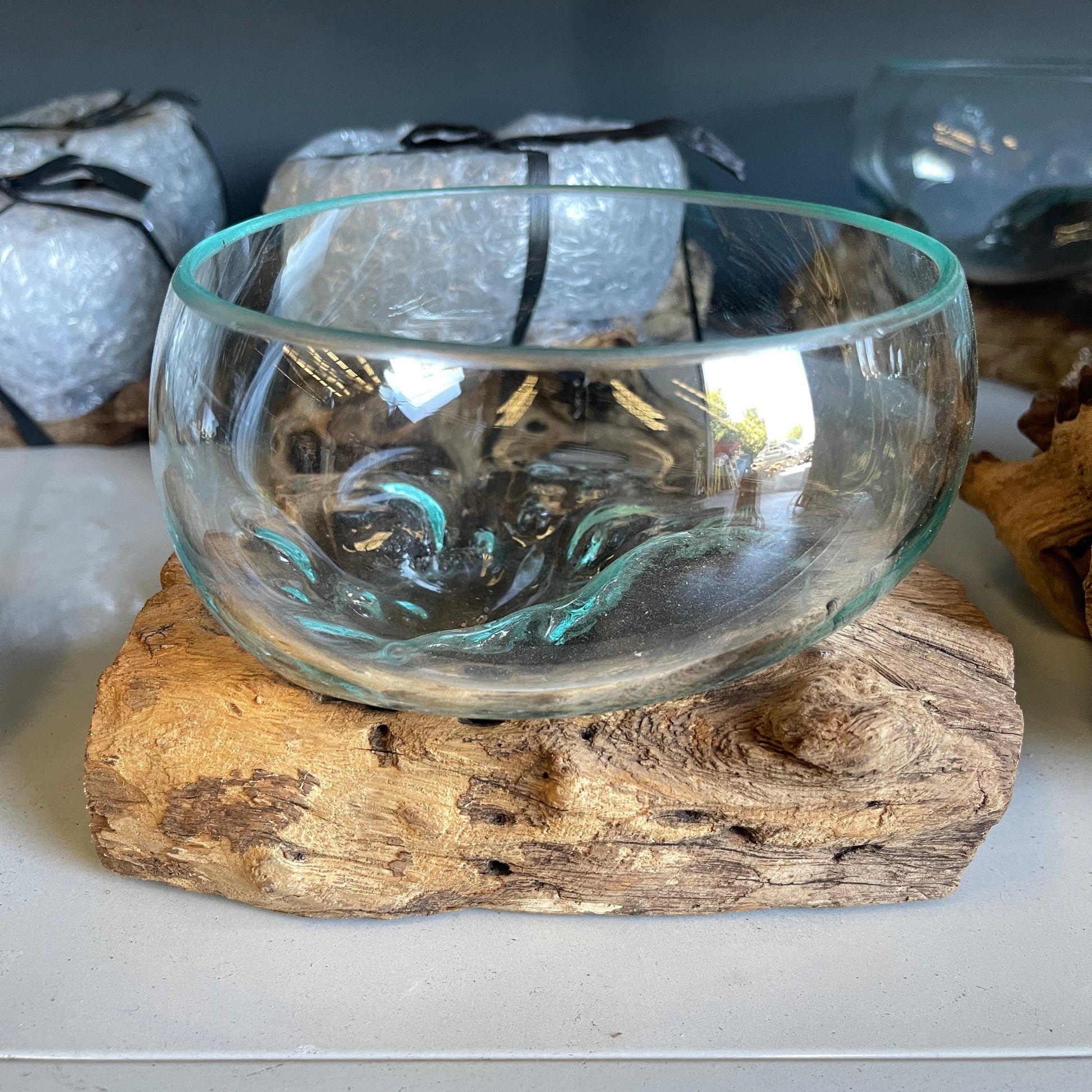 Molten Glass Bowl on Driftwood Decor Large ~18cm