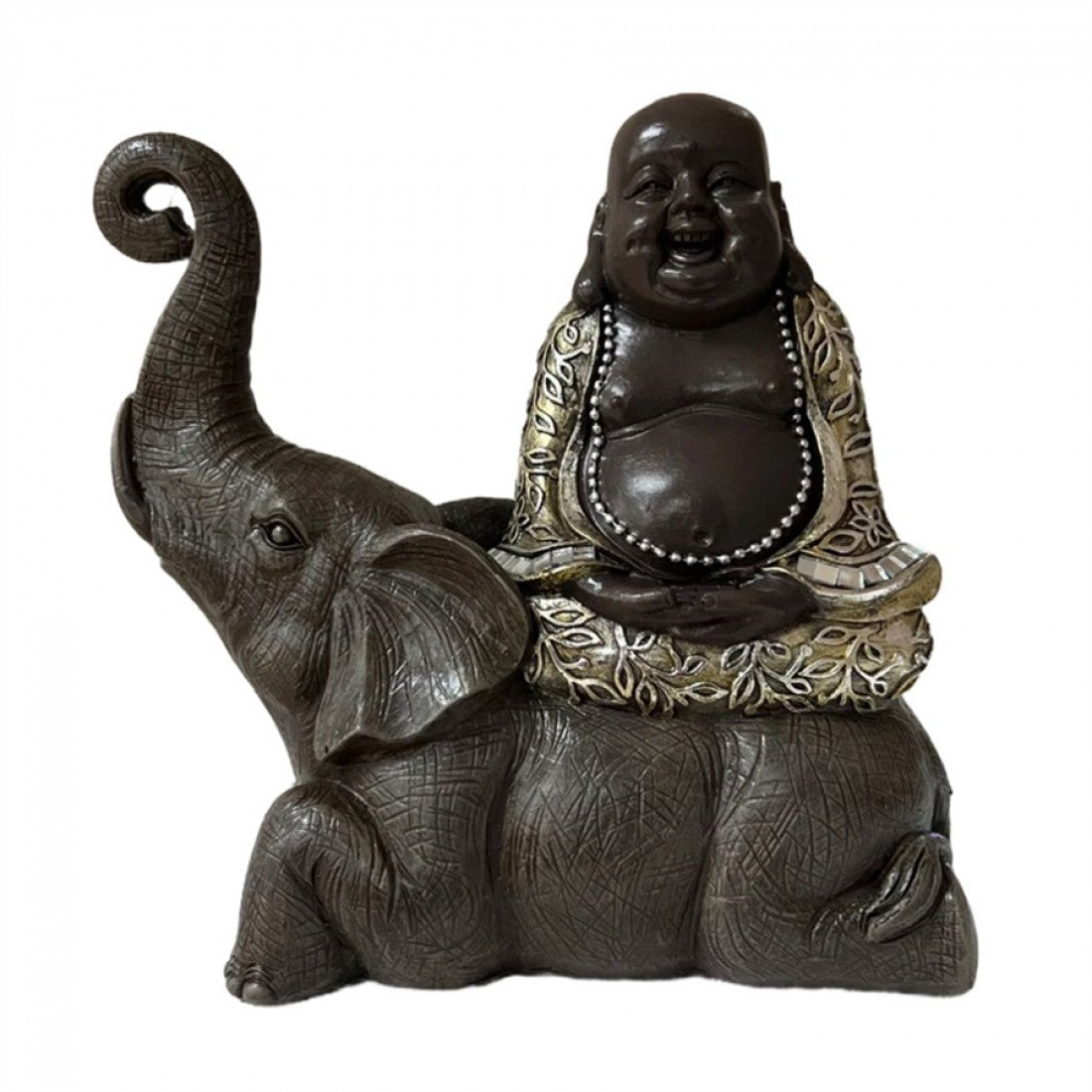 Happy Buddha sitting on Elephant Statue